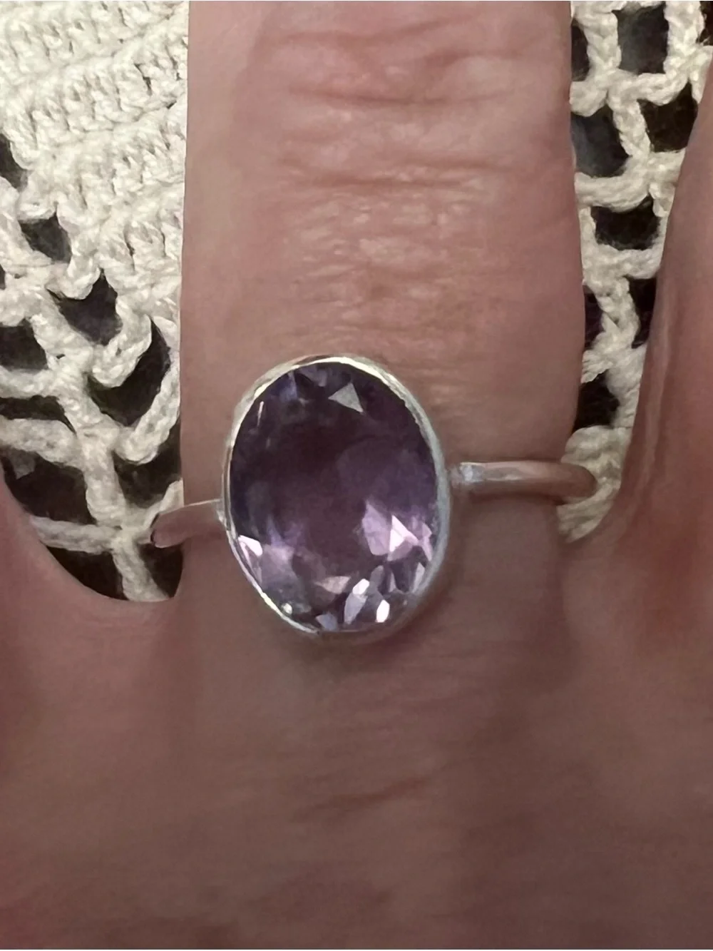 Amethyst 925 Sterling Silver Oval Faceted Bezel Set Ring Hexagonal Band 8 #663